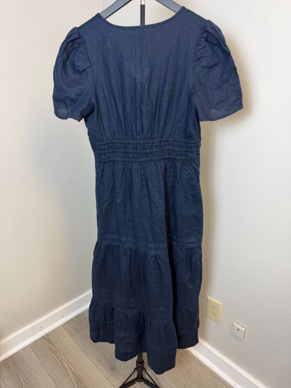 Quince 100% European Linen Tiered Maxi Dress Navy Blue Puff Sleeve Sz S Altered - Picture 2 of 6